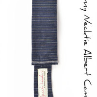 Mens Tie Skinny Necktie- Square-End Tie- blue striped linen - Thumbnail 1