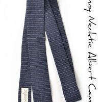 Mens Tie Skinny Necktie- Square-End Tie- blue striped linen - Thumbnail 2