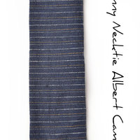 Mens Tie Skinny Necktie- Square-End Tie- blue striped linen - Thumbnail 3