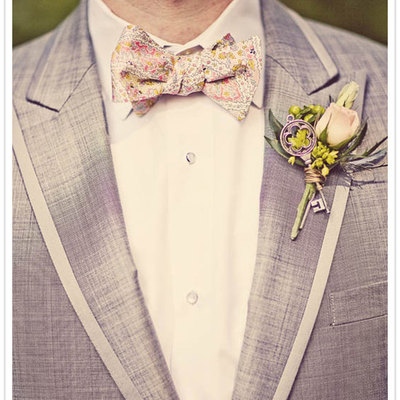 Self-tie wedding mens bow tie - pink, gold and grey/blue paisley bowtie