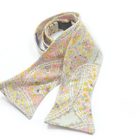 self-tie Wedding Mens Bow Tie - Pink, gold and grey/blue paisley bowtie - Thumbnail 1