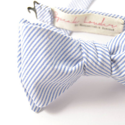 Self-tie wedding mens bow tie - blue white stripe seersucker bowtie