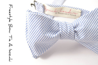 self-tie Wedding Mens Bow Tie - blue white stripe seersucker bowtie