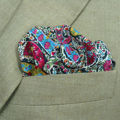 Mens pocket square - dark pink, blue and black pasiley