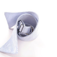 self-tie Wedding Mens Bow Tie - blue white stripe seersucker bowtie - Thumbnail 3