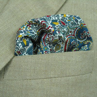 Mens Pocket Square - Teal, yellow and red paisley - Thumbnail 2