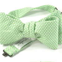 self-tie Wedding Mens Bow Tie - Green seafoam and ivory polka dots Tie - Thumbnail 1