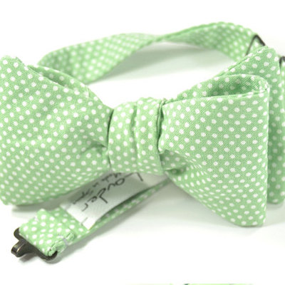 Self-tie wedding mens bow tie - green seafoam and ivory polka dots tie