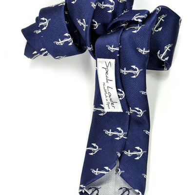Silver anchors in navy blue silk necktie - high quality woven silk necktie- men tie