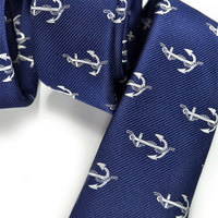 Silver anchors in navy blue Silk Necktie - High Quality Woven Silk Necktie- men tie - Thumbnail 2