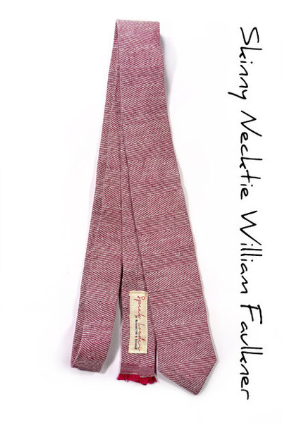 Mens Tie Skinny Necktie -dark pink and white herringbone linen