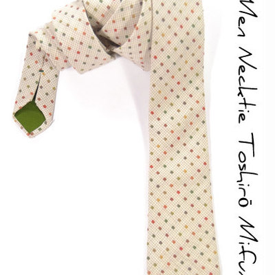 Men necktie toshiro mifune - woven yarn dyed cream with orange, green, yellow dots tie
