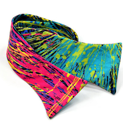 Self tie bow tie in pink, yellow and blue neon flashes bowtie