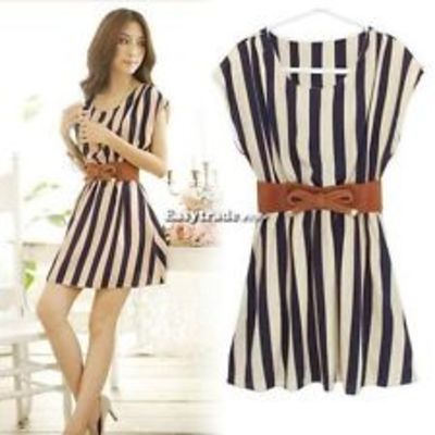  vertical stripe batwing short sleeve dress skirt + belt
