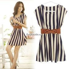  vertical stripe batwing short sleeve dress skirt + belt