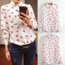 Black/white red lip long sleeve chiffon splicing shirt 