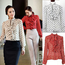  bowknot chiffon slim long sleeve ruffles polka dots ol shirt blouse