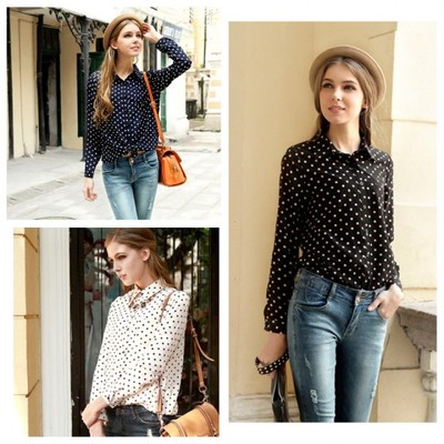  polka dot chiffon long sleeve vintage tops blouse