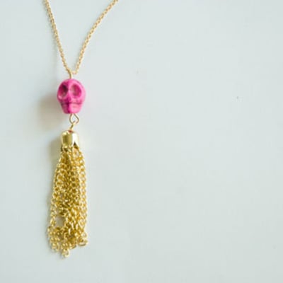  gold filled dry bones hot pink skull tassel necklace