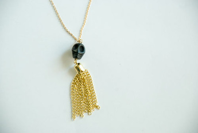  Gold filled Dry bones black skull tassel necklace