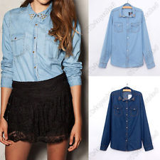 decorative rivets lapel dual-pocket denim shirt 