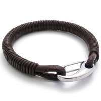 Leather Bracelet Stainless Steel Clasp (Brown)-Unisex - Thumbnail 1