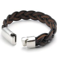 Leather Bracelet Bangle Weave, Stainless Steel Clasp (Brown)-Unisex - Thumbnail 1