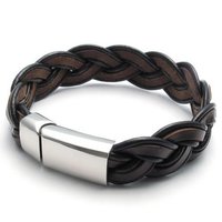 Leather Bracelet Bangle Weave, Stainless Steel Clasp (Brown)-Unisex - Thumbnail 2