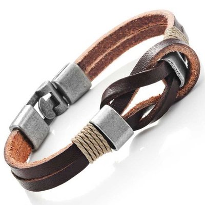 Leather nautical knot bracelet with stainless steel silver clasp (brown)-unisex