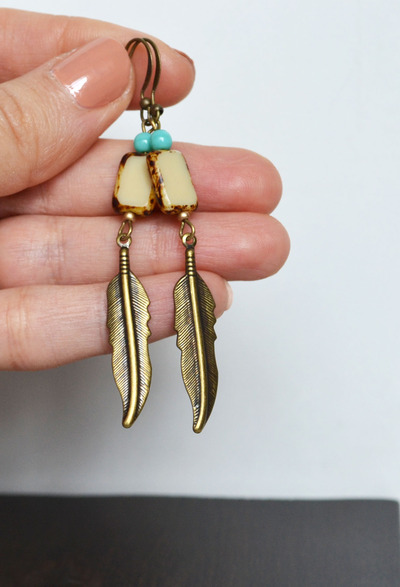 Small Tile Earrings, Feather Earrings, Feather Jewelry, Tuquoise Bead Earrings