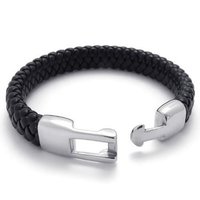 Leather Bracelet Stainless Steel Clasp (Black/Silver)-Unisex - Thumbnail 2