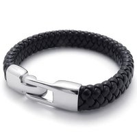 Leather Bracelet Stainless Steel Clasp (Black/Silver)-Unisex - Thumbnail 1