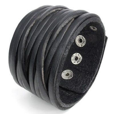 Wide Genuine Leather Bangle Cuff Bracelet (Black)-Unisex.