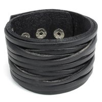 Wide Genuine Leather Bangle Cuff Bracelet (Black)-Unisex. - Thumbnail 1