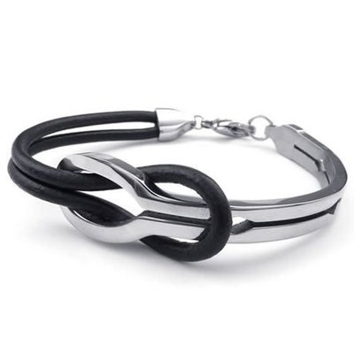 Leather Stainless Steel Bracelet/Cuff Bangle (Black/Silver)-Womens