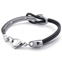 Leather Stainless Steel Bracelet/Cuff Bangle (Black/Silver)-Womens - Thumbnail 1