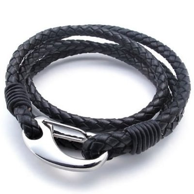 Black leather bracelet stainless steel clasp (black/silver)-unisex