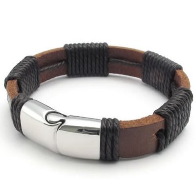 Leather and string bracelet stainless steel clasp (brown)-unisex