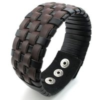 Leather Bracelet Wide Cuff Bangle (Black/Brown)-Unisex - Thumbnail 1