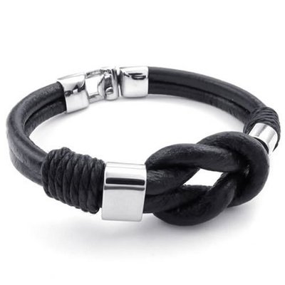 Leather Stainless Steel Bracelet-Infinity Cuff Bangle (Black/Silver)-Unisex