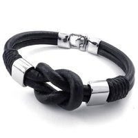 Leather Stainless Steel Bracelet-Infinity Cuff Bangle (Black/Silver)-Unisex - Thumbnail 1