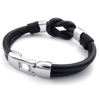 Leather Stainless Steel Bracelet-Infinity Cuff Bangle (Black/Silver)-Unisex - Thumbnail 2