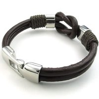 Leather Stainless Steel Bracelet-Infinity Cuff Bangle (Brown/Silver)-Unisex - Thumbnail 1