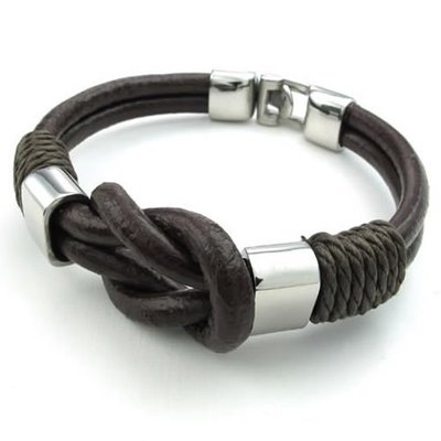 Leather stainless steel bracelet-infinity cuff bangle (brown/silver)-unisex