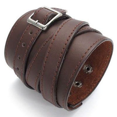 Wide genuine leather bangle cuff bracelet buckle (brown)-unisex