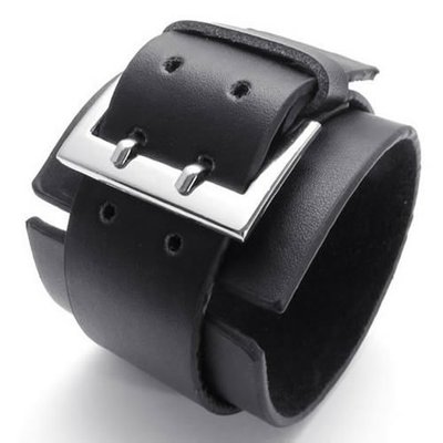 Wide genuine leather bangle cuff bracelet-large buckle (black/silver)-unisex