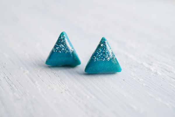 Teal Glitter Geometric Triangle Stud Earrings
