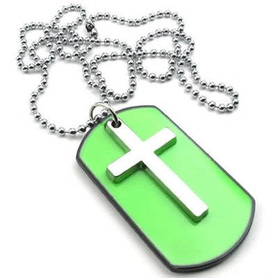 Army style cross dog tag pendant necklace-(green/silver cross)-unisex