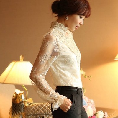 Elegant pearl studded lace flower long sleeve blouse