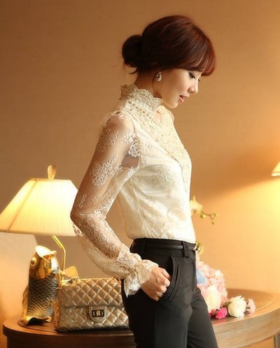 Elegant Pearl Studded Lace Flower Long Sleeve Blouse